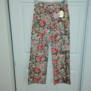 Riley And James Floral Wide Leg Pants in Pink & Tan.
